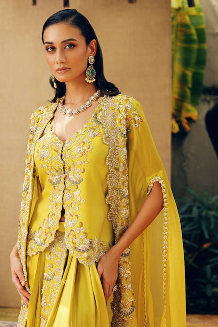 Khushboo Bagri_Yellow Organza, Satin Pearls, Embroidery V-neck Floral Zardozi Draped Skirt Set _Online_at_Aza_Fashions