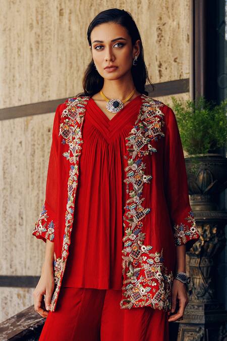 Khushboo Bagri_Red Silk Organza, Satin Sequins, Pearls Zardozi Embroidered Jacket And Pant Set _Online_at_Aza_Fashions
