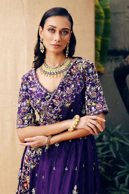 Khushboo Bagri_Purple Silk Organza, Taffeta, Crepe Pearls, Tassels, Zardosi Draped Lehenga Set _Online_at_Aza_Fashions