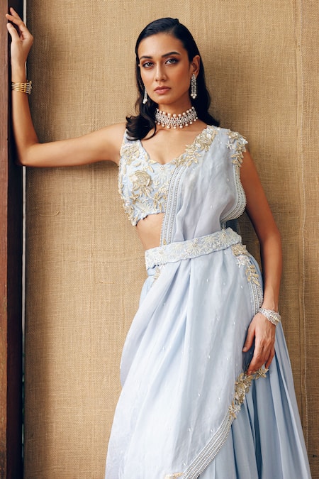 Khushboo Bagri_Blue Satin, Chiffon, Chanderi, Taffeta Zardozi Embroidered Draped Lehenga Set _Online_at_Aza_Fashions