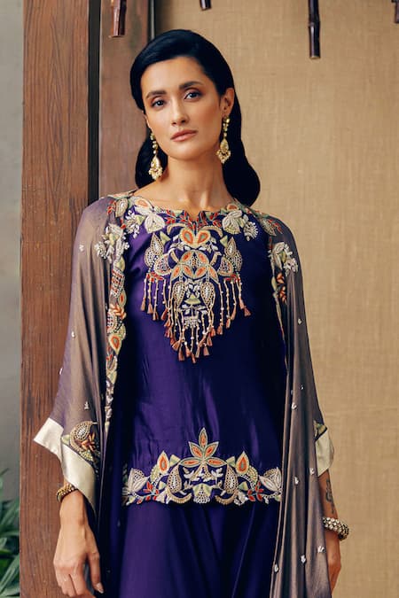 Khushboo Bagri Purple Crepe, Silk, Taffeta Pearls, Sequins, Embroidery Floral Cape And Pant Set Online at Aza Fashions Khushboo Bagri_Purple Crepe, Silk, Taffeta Pearls, Sequins, Embroidery Floral Cape And Pant Set _Online_at_Aza_Fashions