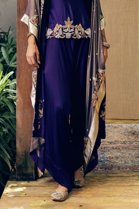 Buy Khushboo Bagri Purple Crepe, Silk, Taffeta Pearls, Sequins, Embroidery Floral Cape And Pant Set Online at Aza Fashions Buy_Khushboo Bagri_Purple Crepe, Silk, Taffeta Pearls, Sequins, Embroidery Floral Cape And Pant Set _Online_at_Aza_Fashions