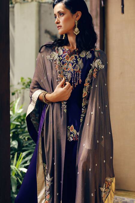 Shop Khushboo Bagri Purple Crepe, Silk, Taffeta Pearls, Sequins, Embroidery Floral Cape And Pant Set Online at Aza Fashions Shop_Khushboo Bagri_Purple Crepe, Silk, Taffeta Pearls, Sequins, Embroidery Floral Cape And Pant Set _Online_at_Aza_Fashions