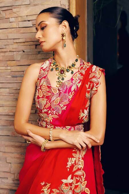 Khushboo Bagri_Pink Crepe, Chanderi, Taffeta, Organza Cutwork Embroidered Draped Lehenga Set _Online_at_Aza_Fashions