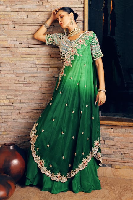 Khushboo Bagri Emerald Green Pearl Embroidered Lehenga Set 
