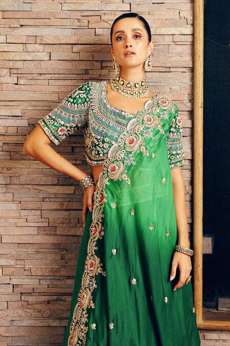 Khushboo Bagri_Green Organza, Chanderi, Crepe Pearls, Tassels Emerald Embroidered Lehenga Set _Online_at_Aza_Fashions