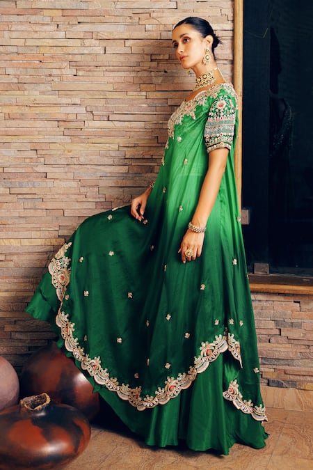 Buy_Khushboo Bagri_Green Organza, Chanderi, Crepe Pearls, Tassels Emerald Embroidered Lehenga Set _Online_at_Aza_Fashions