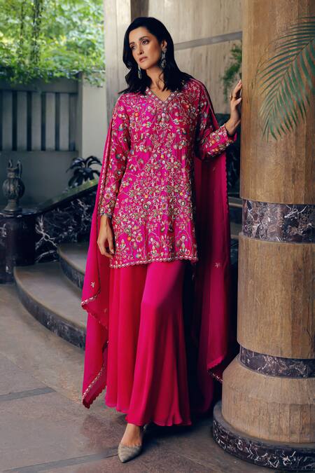 Buy_Khushboo Bagri_Fuchsia Satin, Chiffon, Jacquard, Silk Floral Zardozi Embroidered Kurta Set _Online_at_Aza_Fashions