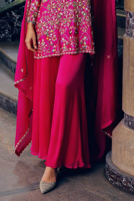 Shop_Khushboo Bagri_Fuchsia Satin, Chiffon, Jacquard, Silk Floral Zardozi Embroidered Kurta Set _Online_at_Aza_Fashions