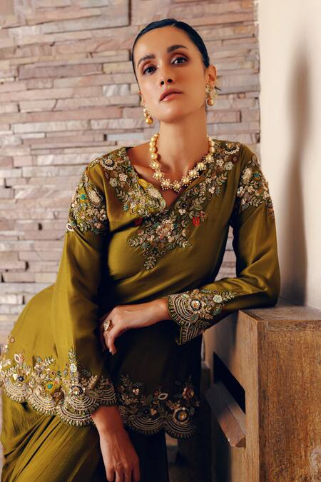 Buy_Khushboo Bagri_Green Satin, Chiffon, Silk Zari, Sequins, Floral Zardosi Embroidered Kurta Set _Online_at_Aza_Fashions
