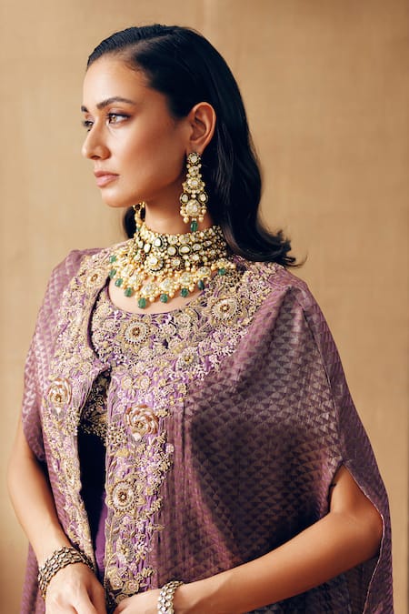 Khushboo Bagri_Purple Chiffon, Brocade Pearls, Embroidered Banarasi Jacquard Gown And Jacket _Online_at_Aza_Fashions