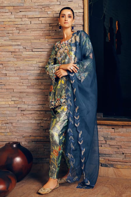 Khushboo Bagri Blue Banarasi Jacquard Embroidered Kurta Set 