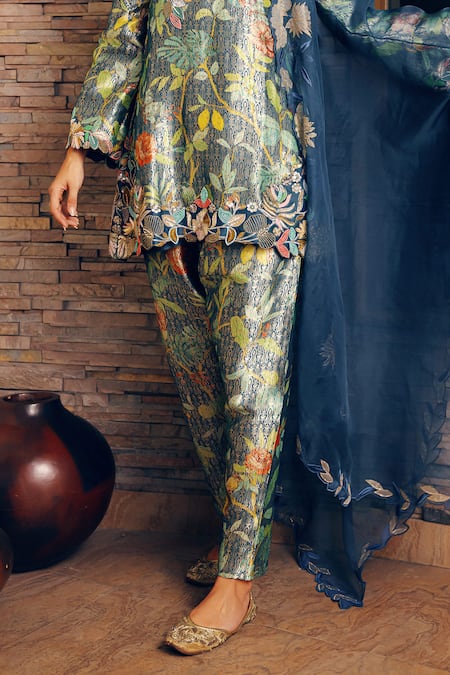 Buy_Khushboo Bagri_Blue Organza, Brocade Pearls, Sequins, Embroidery Banarasi Jacquard Kurta Set _Online_at_Aza_Fashions