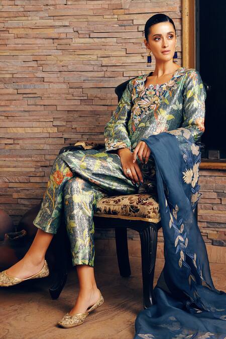 Shop_Khushboo Bagri_Blue Organza, Brocade Pearls, Sequins, Embroidery Banarasi Jacquard Kurta Set _Online_at_Aza_Fashions