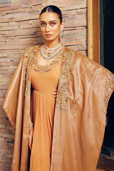 Khushboo Bagri_Brown Chiffon, Brocade, Taffeta Floral Zardozi Embroidered Gown And Jacket Set _Online_at_Aza_Fashions