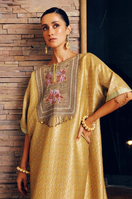 Khushboo Bagri Yellow Banarasi Jacquard Kaftan 