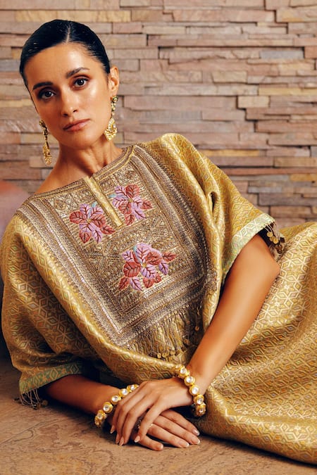 Khushboo Bagri_Yellow Brocade, Taffeta Tassels Boat Neck Banarasi Jacquard Kaftan _Online_at_Aza_Fashions