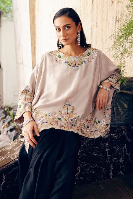 Khushboo Bagri_Gray Silk Dupion Embroidery Sequins Round Floral Zardosi Tunic And Draped Skirt _Online_at_Aza_Fashions