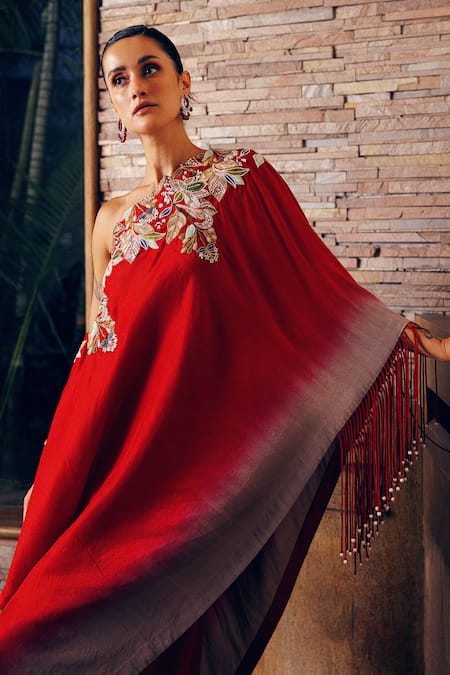 Khushboo Bagri_Red Crepe, Silk, Taffeta Embroidery Floral Zardozi Asymmetric Tunic And Pant Set _Online_at_Aza_Fashions