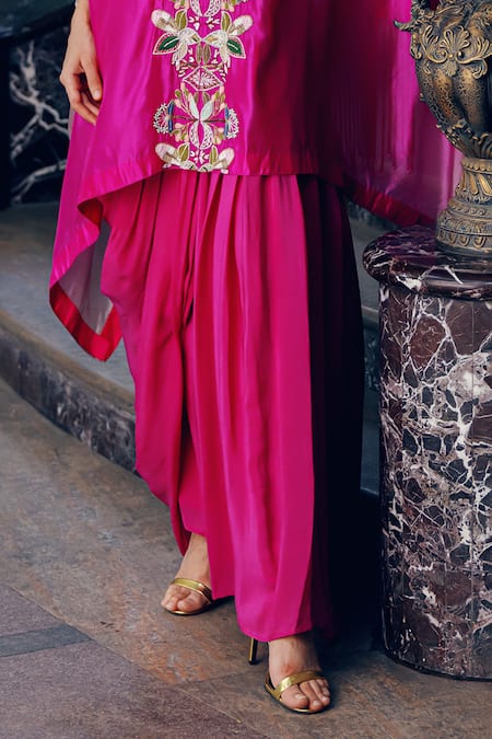 Khushboo Bagri_Magenta Crepe, Silk, Taffeta Pearls, Zardosi Embroidered Kaftan And Draped Skirt _Online_at_Aza_Fashions