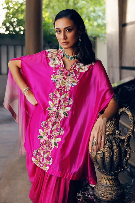 Buy_Khushboo Bagri_Magenta Crepe, Silk, Taffeta Pearls, Zardosi Embroidered Kaftan And Draped Skirt _Online_at_Aza_Fashions