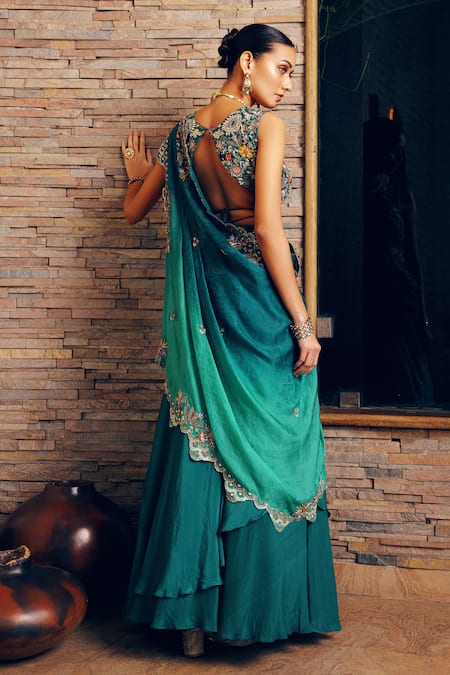 Khushboo Bagri Cutwork Embroidered Jade Green Lehenga Set 