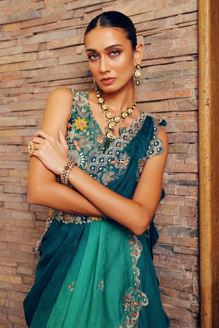 Khushboo Bagri_Green Chanderi, Crepe, Taffeta Pearls, Cutwork Embroidered Jade Lehenga Set _Online_at_Aza_Fashions