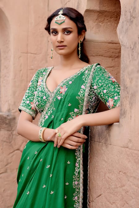 Khushboo Bagri_Green Silk, Satin Zari, Embroidery V-neck Floral Zardozi Drape And Skirt Set _Online_at_Aza_Fashions