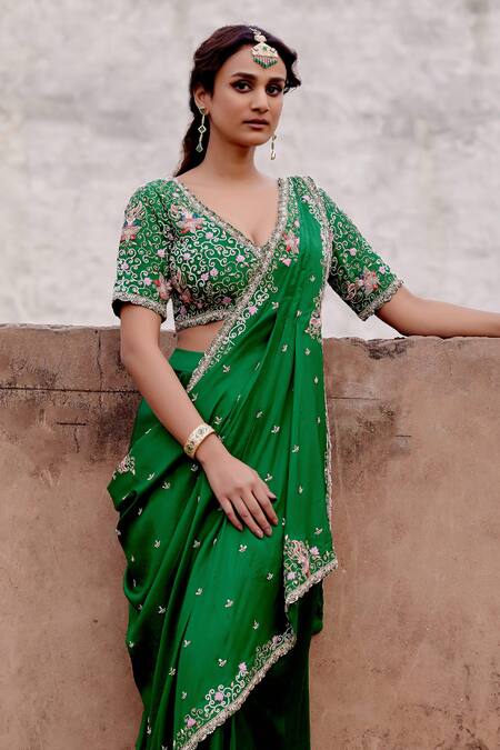 Buy_Khushboo Bagri_Green Silk, Satin Zari, Embroidery V-neck Floral Zardozi Drape And Skirt Set _Online_at_Aza_Fashions