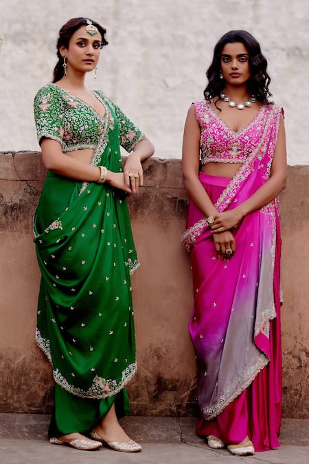 Shop_Khushboo Bagri_Green Silk, Satin Zari, Embroidery V-neck Floral Zardozi Drape And Skirt Set _Online_at_Aza_Fashions