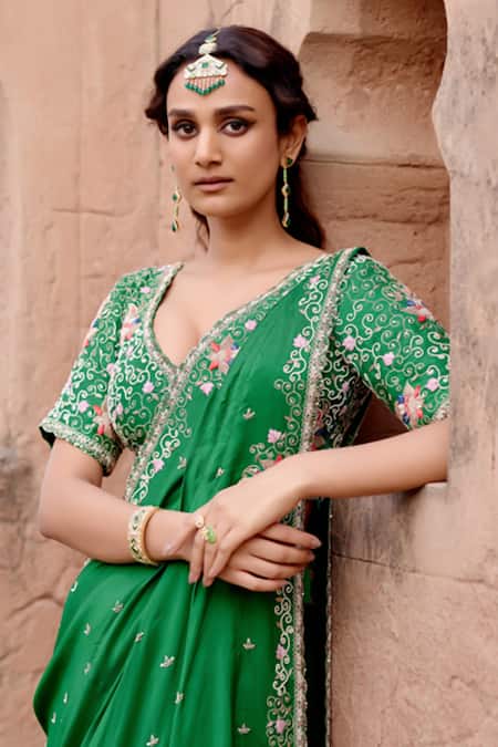 Khushboo Bagri_Green Silk, Satin Zari, Embroidery V-neck Floral Zardozi Drape And Skirt Set _at_Aza_Fashions