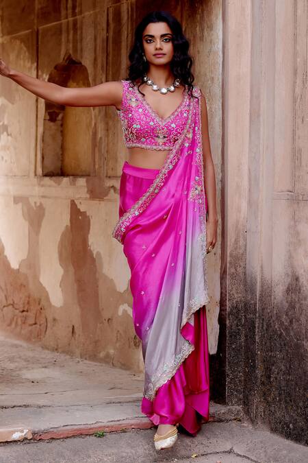 Khushboo Bagri_Magenta , , Zari, Floral Zardozi Drape And Skirt Set _Online_at_Aza_Fashions