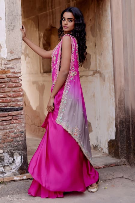 Buy_Khushboo Bagri_Magenta , , Zari, Floral Zardozi Drape And Skirt Set _Online_at_Aza_Fashions