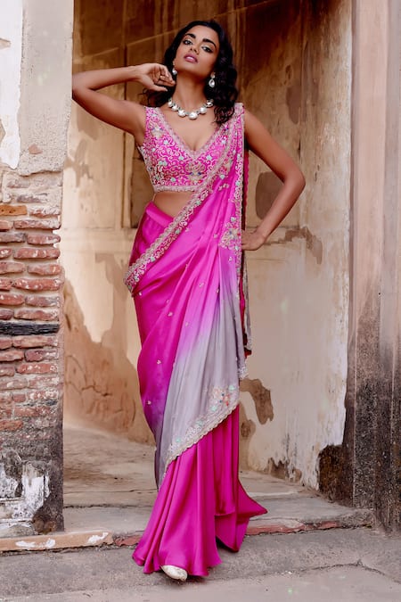 Shop_Khushboo Bagri_Magenta , , Zari, Floral Zardozi Drape And Skirt Set _Online_at_Aza_Fashions