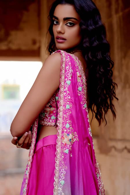 Buy_Khushboo Bagri_Magenta , , Zari, Floral Zardozi Drape And Skirt Set 