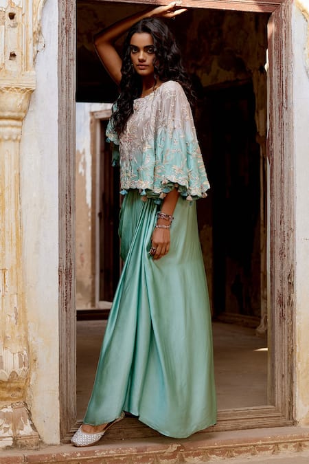 Khushboo Bagri Embroidered Cape Draped Skirt Set 