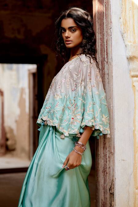 Khushboo Bagri_Multi Color Silk, Crepe Embroidery Round Neck Cape Draped Skirt Set _Online_at_Aza_Fashions