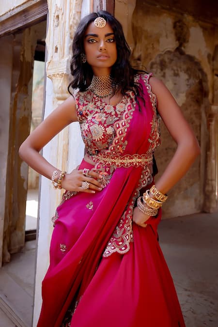 Khushboo Bagri_Red Silk Organza, Crepe Embroidery V-neck Zardozi Lehenga Set _Online_at_Aza_Fashions