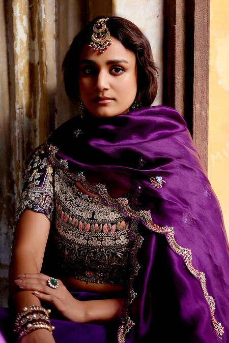 Buy_Khushboo Bagri_Purple Crepe, Silk Organza Embroidery Round Double Layered Zardozi Lehenga Set _Online_at_Aza_Fashions