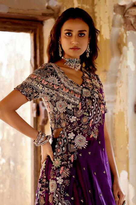 Shop_Khushboo Bagri_Purple Crepe, Silk Organza Embroidery Round Double Layered Zardozi Lehenga Set _Online_at_Aza_Fashions
