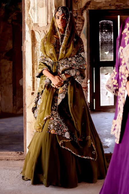 Khushboo Bagri Forest Green Zardozi Embroidered Lehenga Set 