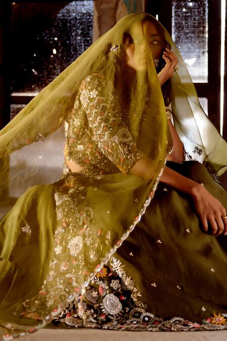 Khushboo Bagri_Green Crepe, Organza, Linen, Embroidery Forest Zardozi Lehenga Set _Online_at_Aza_Fashions