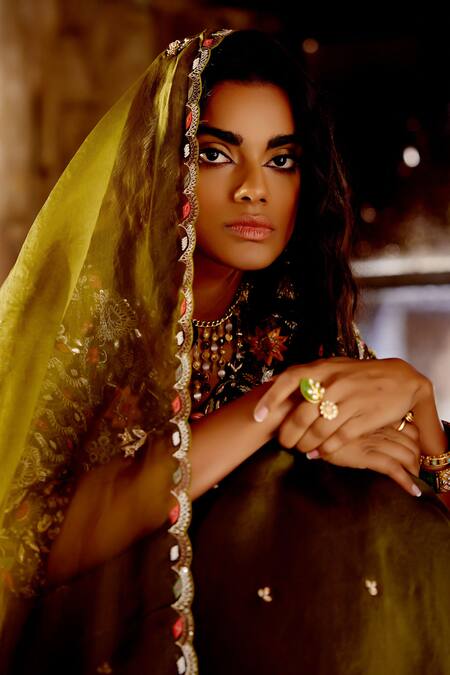 Buy_Khushboo Bagri_Green Crepe, Organza, Linen, Embroidery Forest Zardozi Lehenga Set _Online_at_Aza_Fashions