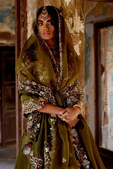 Khushboo Bagri_Green Crepe, Organza, Linen, Embroidery Forest Zardozi Lehenga Set _at_Aza_Fashions