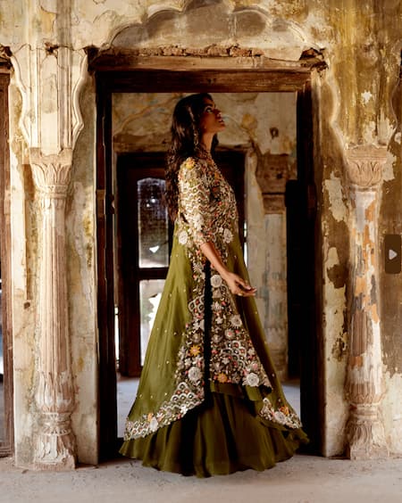 Buy_Khushboo Bagri_Green Crepe, Organza, Linen, Embroidery Forest Zardozi Lehenga Set 