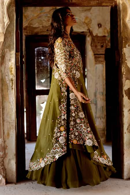 Shop_Khushboo Bagri_Green Crepe, Organza, Linen, Embroidery Forest Zardozi Lehenga Set 