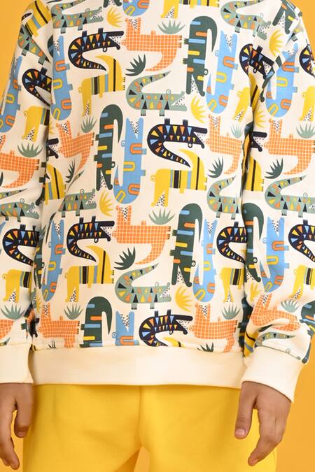 Anthrilo_White Fleece Crocodile Print Sweatshirt And Joggers Set_at_Aza_Fashions