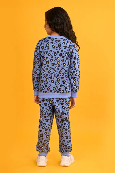 Shop Anthrilo Blue Fleece Leopard Print Sweatshirt And Joggers at Aza Fashions Shop_Anthrilo_Blue Fleece Leopard Print Sweatshirt And Joggers_at_Aza_Fashions