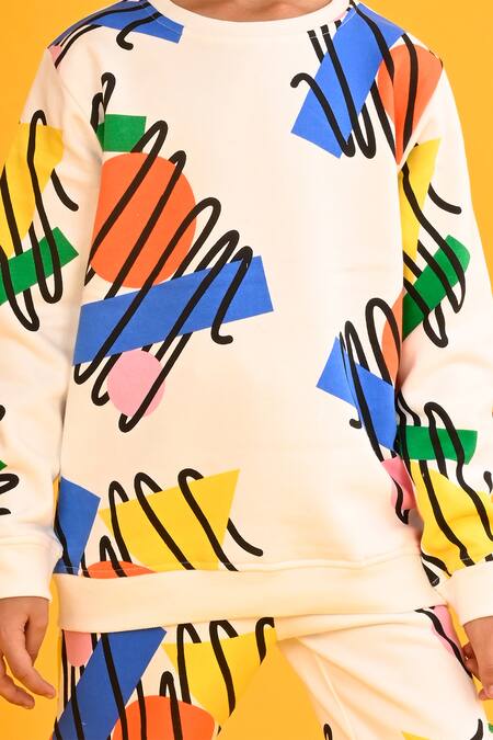 Shop_Anthrilo_White Fleece Smocking Scribble Print Sweatshirt And Joggers Set _Online_at_Aza_Fashions