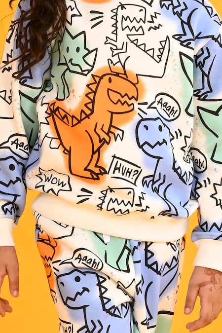 Anthrilo_White Fleece Dinosaur Graphic Print Set _at_Aza_Fashions